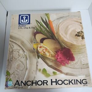 Vintage Anchor Hocking Avalon Clear Glass 12" Chip & Dip 2 Piece Platter‎ & Bowl